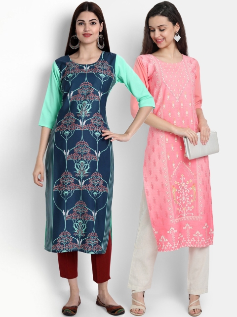 

Ethnic basket Women Pack of 2 Printed Crepe Kurtas, Teal