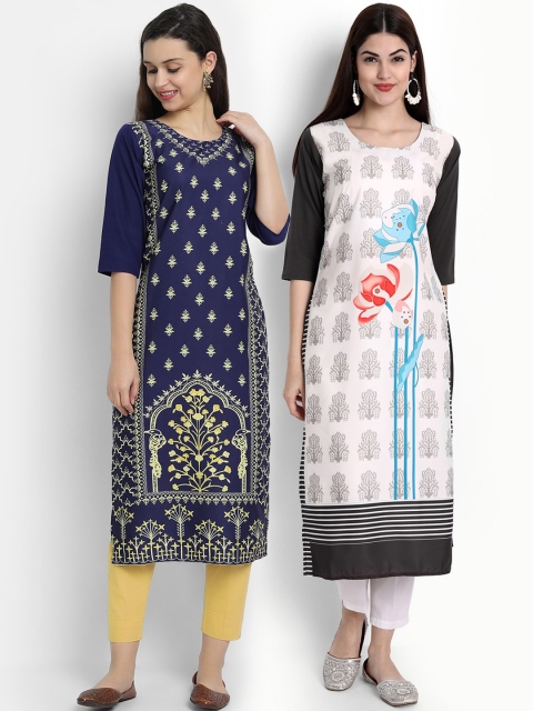 

Ethnic basket Women Pack of 2 Printed Crepe Kurtas, Navy blue