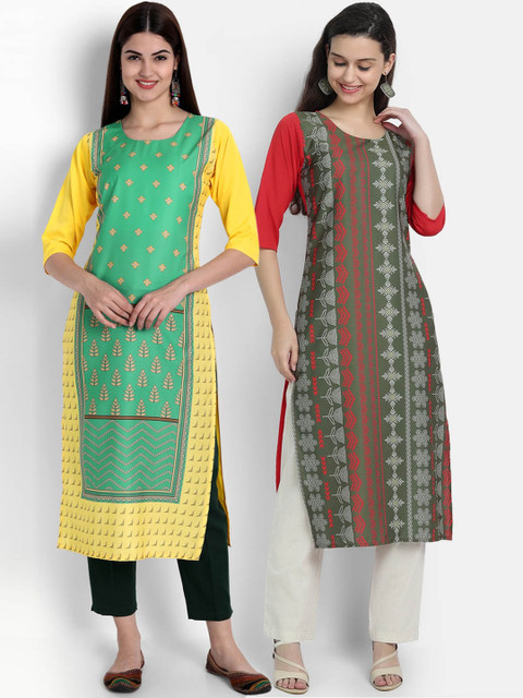 

Ethnic basket Women Pack of 2 Printed Crepe Kurtas, Green