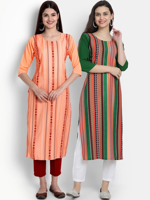 

Ethnic basket Women Pack Of 2 Orange & Green Striped Crepe Kurta