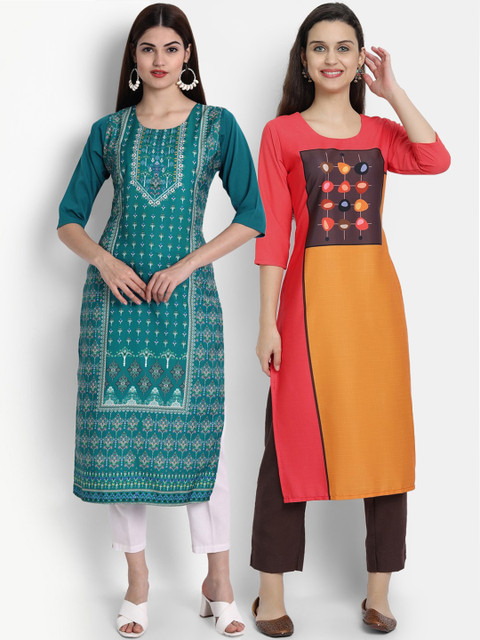 

Ethnic basket Women Multicoloured Set Of 2 Floral Digital Printed Crepe Kurta, Multi