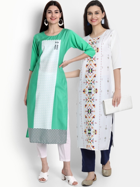 Ethnic basket Women Pack Of 2 White & Green Floral Printed Floral Crepe Kurta