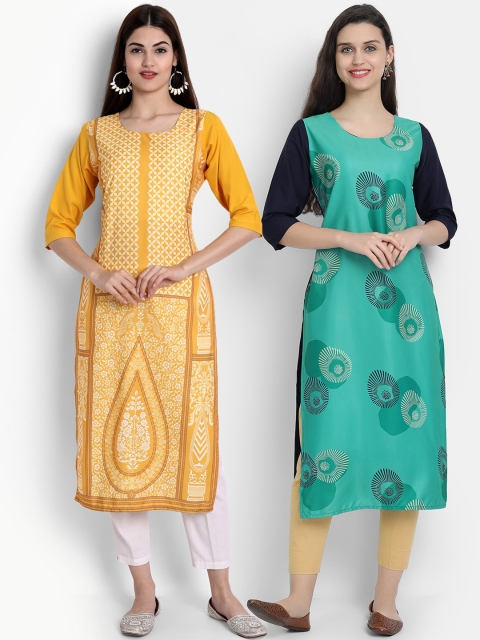 

Ethnic basket Women Pack of 2 Printed Crepe Kurtas, Yellow