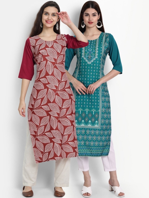 

Ethnic basket Women Pack Of 2 Red & Turquoise Blue Ethnic Motifs Printed Crepe Kurta