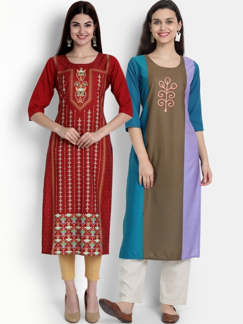 

Ethnic basket Women Pack of 2 Printed Crepe Kurtas, Maroon