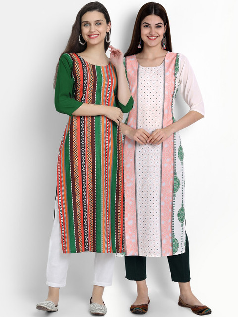

Ethnic basket Women Pack Of 2 Green & White Striped Crepe Kurta