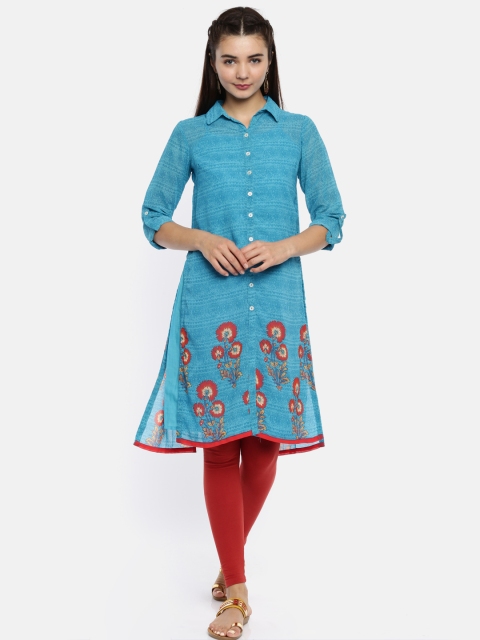 

Biba Women Turquoise Blue Printed Straight Kurta