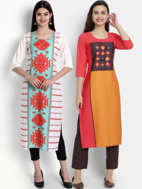 

Ethnic basket Women Pack of 2 Printed Crepe Kurtas, White