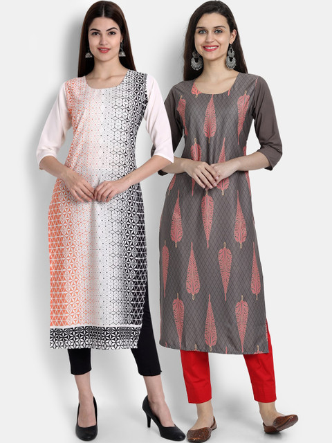 

Ethnic basket Women Pack Of 2 White & Grey Ethnic Motifs Printed Crepe Kurta