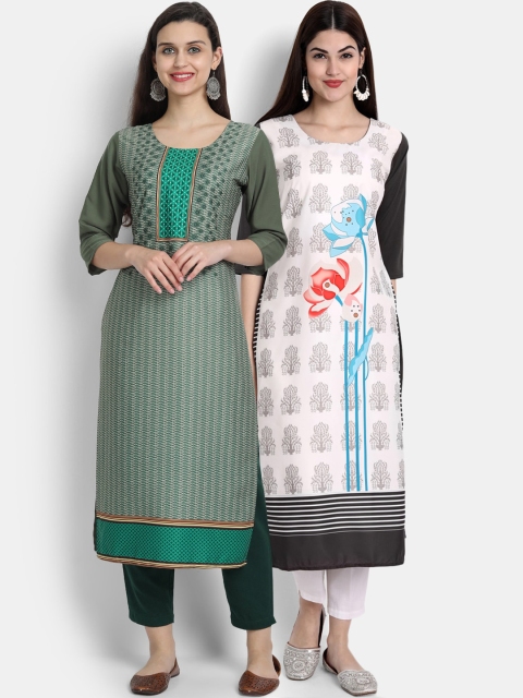 Ethnic basket Women Pack Of 2 Green & White Ethnic Motifs Printed Crepe Kurta