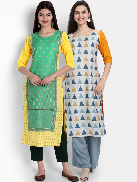 

Ethnic basket Women Pack Of 2 Green & White Ethnic Motifs Printed Crepe Kurta