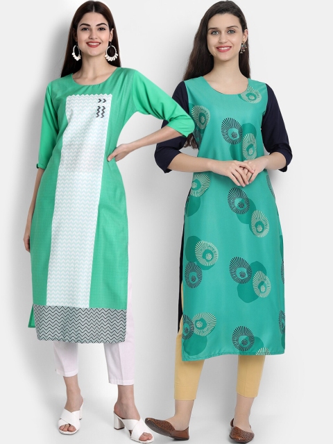 

Ethnic basket Women Pack Of 2 Green & White Ethnic Motifs Printed Crepe Kurta