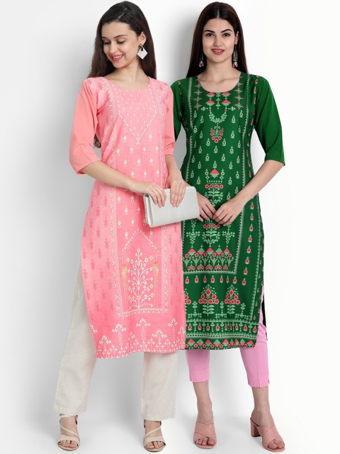

Ethnic basket Women Pack of 2 Printed Crepe Kurtas, Pink