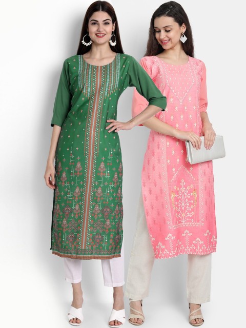 

Ethnic basket Women Pack Of 2 Green & Pink Ethnic Motifs Printed Crepe Kurta