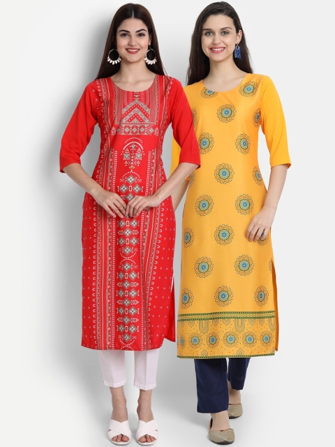 

Ethnic basket Women Pack Of 2 Red & Yellow Ethnic Motifs Printed Crepe Kurta