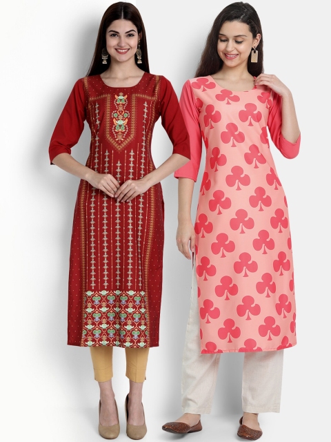 

Ethnic basket Women Pack of 2 Printed Crepe Kurtas, Red