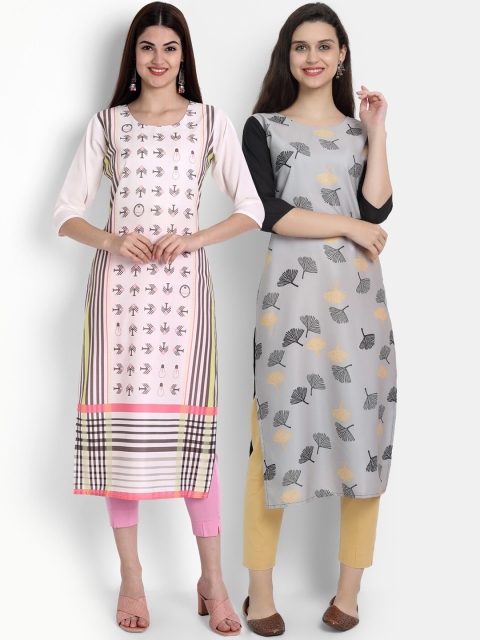 

Ethnic basket Women Pack Of 2 Pink & Grey Floral Printed Crepe Kurta