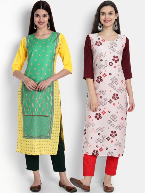 

Ethnic basket Women Pack Of 2 Green & Pink Floral Printed Floral Crepe Kurta