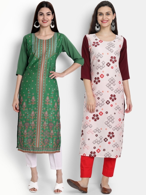 

Ethnic basket Women Pack Of 2 Green & Pink Floral Printed Floral Crepe Kurta