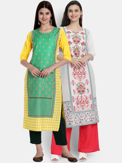 

Ethnic basket Women Pack Of 2 Green & White Ethnic Motifs Printed Floral Crepe Kurta