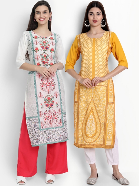 

Ethnic basket Women Pack of 2 Printed Crepe Kurtas, Yellow