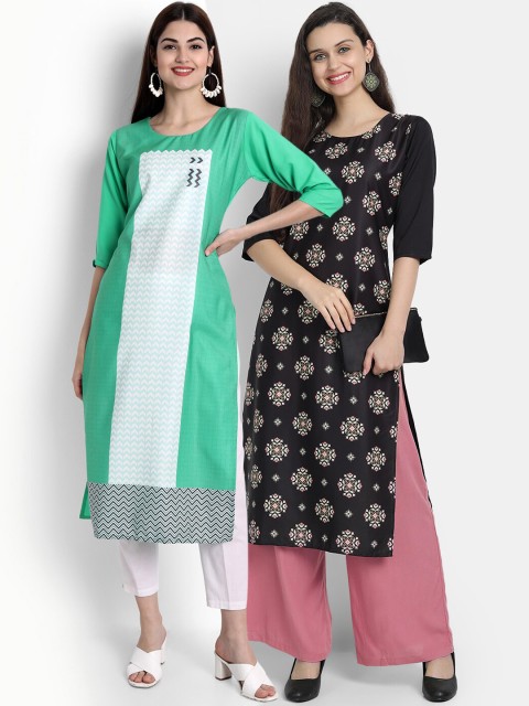 

Ethnic basket Women Pack Of 2 Black & Green Floral Printed Floral Crepe Kurta
