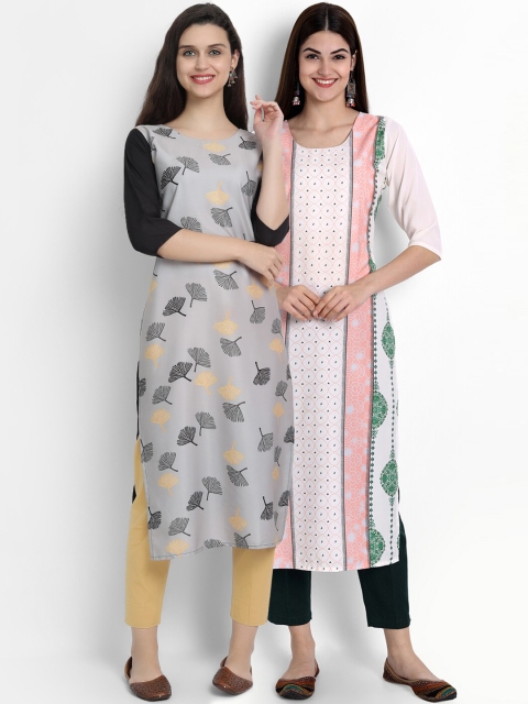 

Ethnic basket Women Pack of 2 Printed Crepe Kurtas, Grey