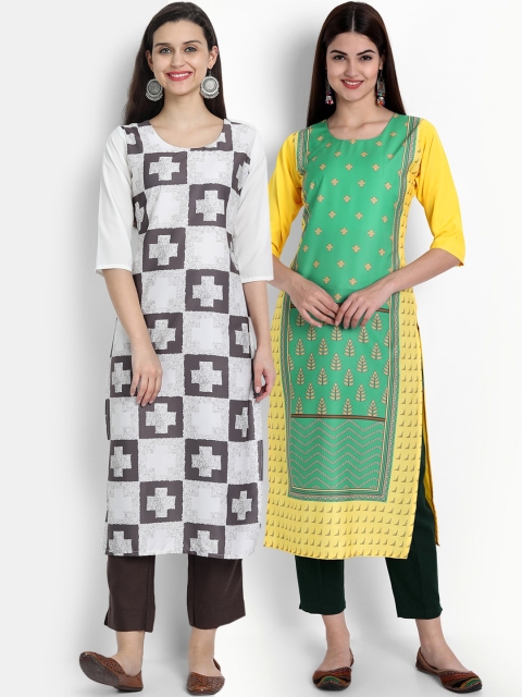 

Ethnic basket Women Pack Of 2 Green & White Ethnic Motifs Printed Crepe Kurta