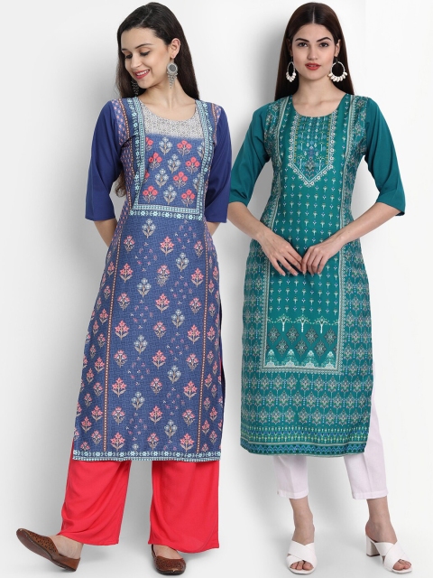 

Ethnic basket Women Pack of 2 Printed Crepe Kurtas, Blue