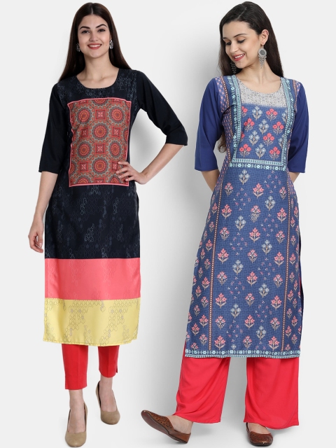 

Ethnic basket Women Pack Of 2 Black & Blue Ethnic Motifs Printed Crepe Kurta