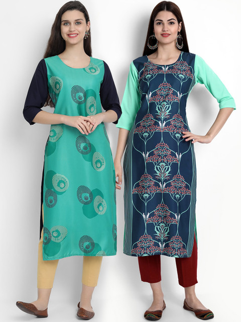 

Ethnic basket Women Pack of 2 Printed Crepe Kurtas, Teal