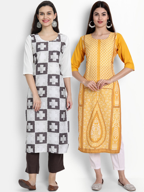 

Ethnic basket Women Pack Of 2 White & Yellow Printed Crepe Kurta