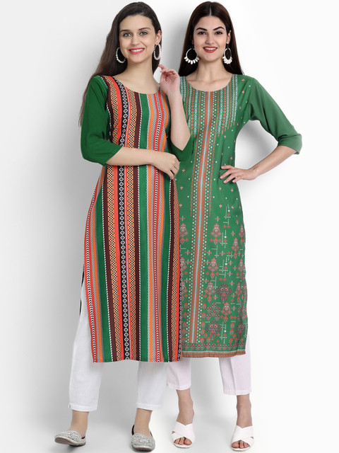 

Ethnic basket Women Pack Of 2 Green Striped Crepe Kurta