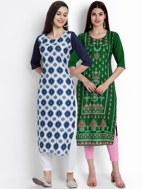 Ethnic basket Women Pack of 2 Printed Crepe Kurtas, Blue
