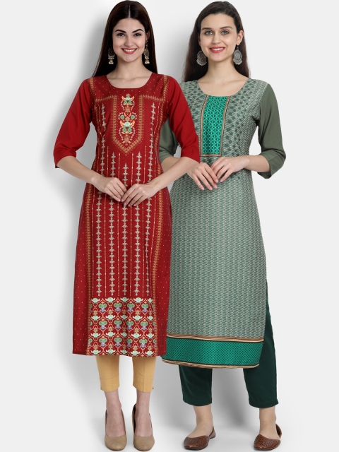 

Ethnic basket Women Pack Of 2 Red & Green Ethnic Motifs Embroidered Crepe Kurta