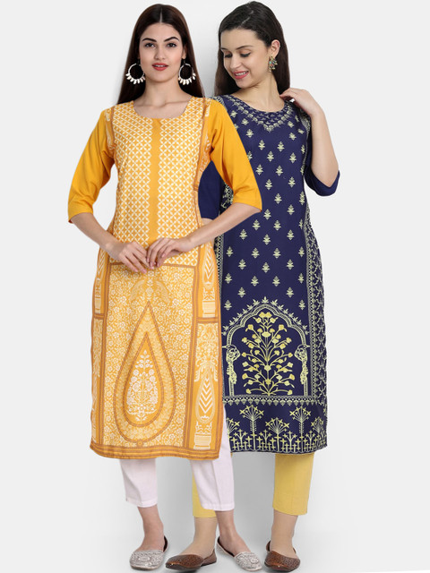 

Ethnic basket Women Pack Of 2 Yellow & Blue Ethnic Motifs Printed Crepe Kurta