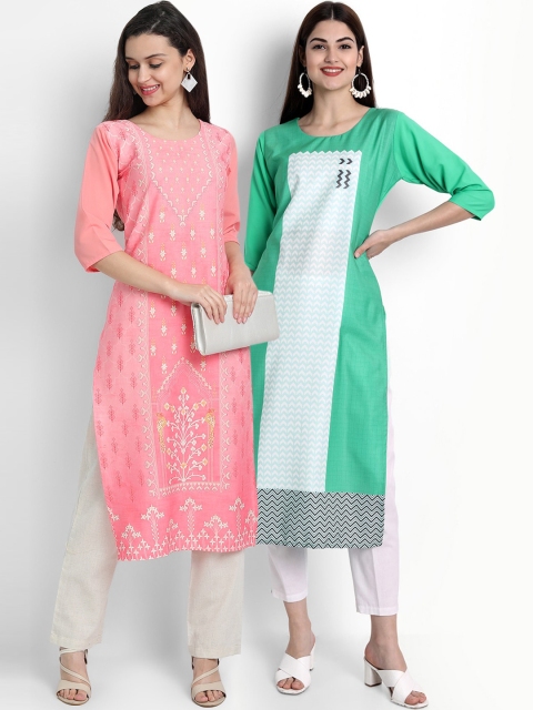 

Ethnic basket Women Pack of 2 Pink & Green Digital Printed Straight Kurtas