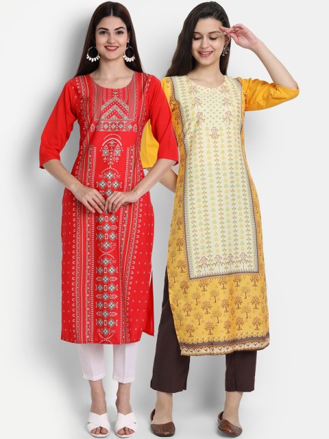 

Ethnic basket Women Pack of 2 Red & Yellow Ethnic Motifs Printed Floral Crepe Kurta