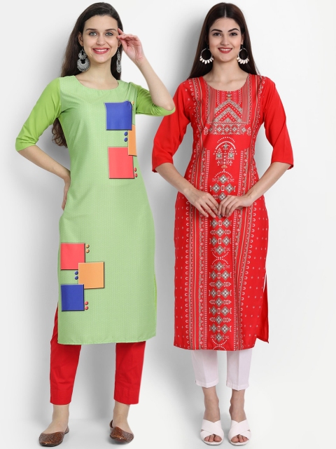 

Ethnic basket Women Pack Of 2 Red & Green Printed Straight Kurta