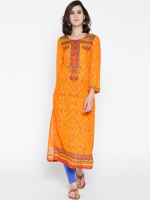

Biba Women Orange & Yellow Printed Straight Kurta