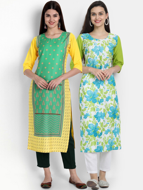 

Ethnic basket Women Pack of 2 Yellow & Green Digital Printed Straight Kurtas
