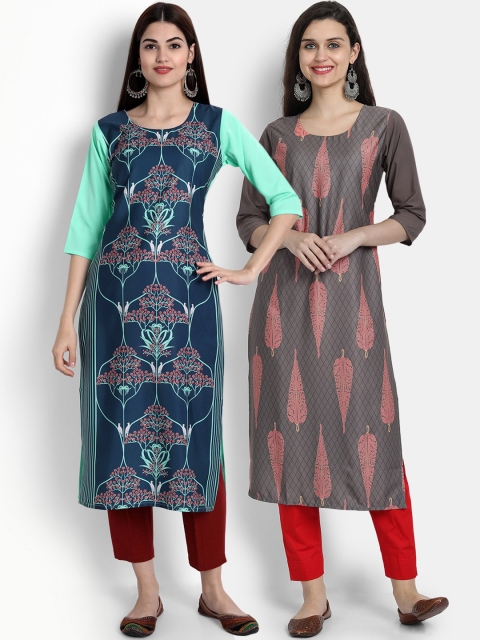 

Ethnic basket Women Pack of 2 Grey & Blue Ethnic Motifs Printed Crepe Kurta