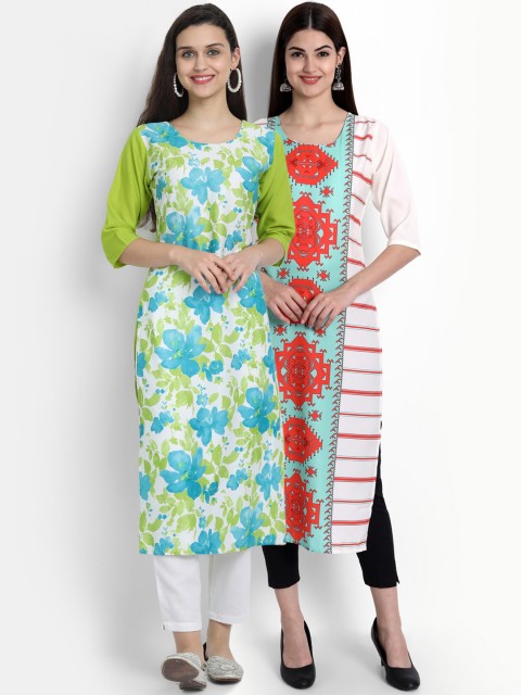 

Ethnic basket Women Pack of 2 Green & White Printed Floral Crepe Kurta