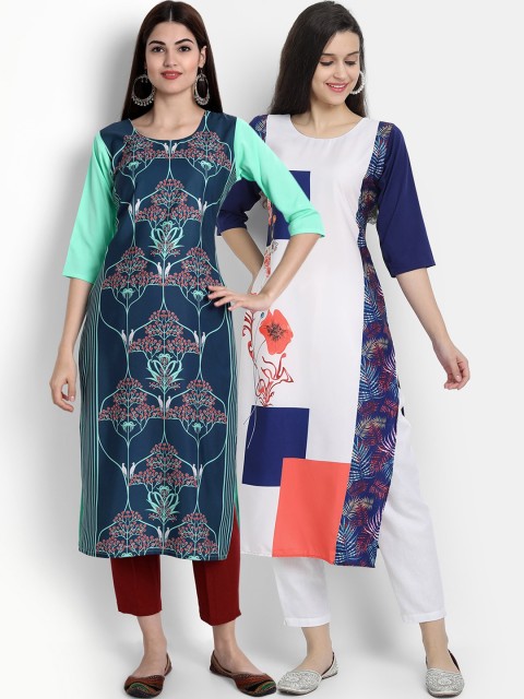 

Ethnic basket Women Pack Of 2 Ethnic Motifs Printed Thread Work Floral Crepe Kurta, Multi