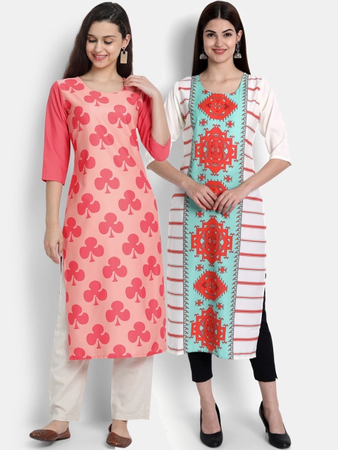Ethnic basket Women Pack Of 2 Peach-Coloured & White Digital Printed Crepe Kurta