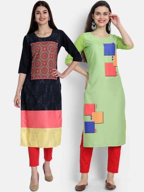 Ethnic basket Women Pack of 2 Navy Blue & Green Digital Printed Straight Kurtas