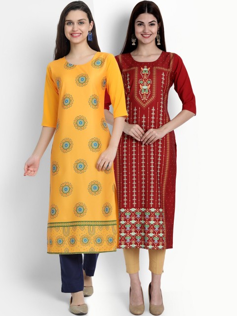 

Ethnic basket Women Yellow & Rust Pack Of 2 Digital Printed Crepe Kurta