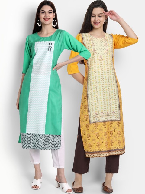 

Ethnic basket Women Pack of 2 Ethnic Motifs Printed Thread Work Floral Crepe Kurta, Blue