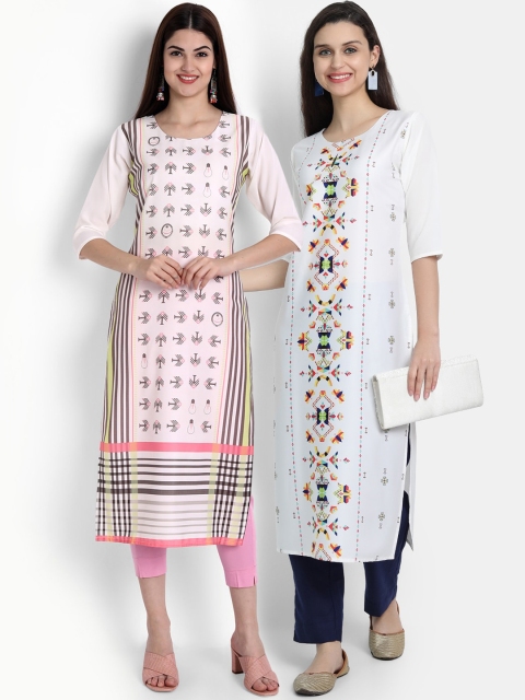 

Ethnic basket Women Pack Of 2 White & Pink Floral Printed Floral Crepe Kurta