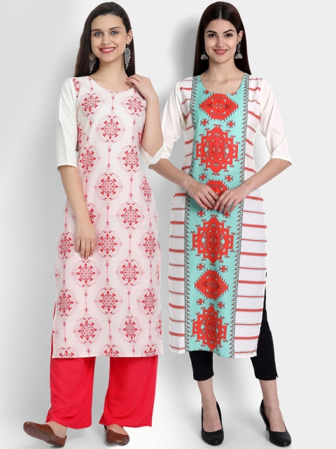 

Ethnic basket Women Pack Of 2 White & Red Ethnic Motifs Printed Crepe Kurta